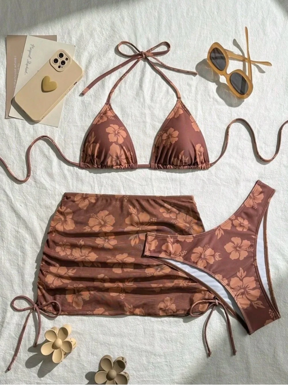 3-Piece Brown Floral Bikini Set + Adjustable Mesh Skirt – Size Small ✨ - Picture 2 of 5